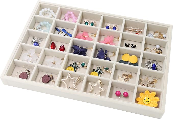 Stratalife 30 Grid Jewelry Organizer Tray, Stackable Drawer Earring Organizer with Adjustable Dividers, Jewelry Display Tray for Necklace Earring Ring Bracelet, 13.8" x 9.4" x 1.2", Beige
