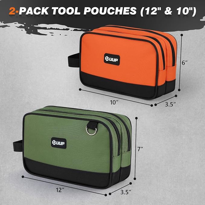 Tool Bag 2-Pack 12" 10", Divider Zipper Pouch, Small Tool Box Organizer | Waterproof, Heavy-duty Oxford, Smooth Zipper, Handle & D-Ring, Storage Case for Car Work Tool. Electrician Gift, Orange/Green