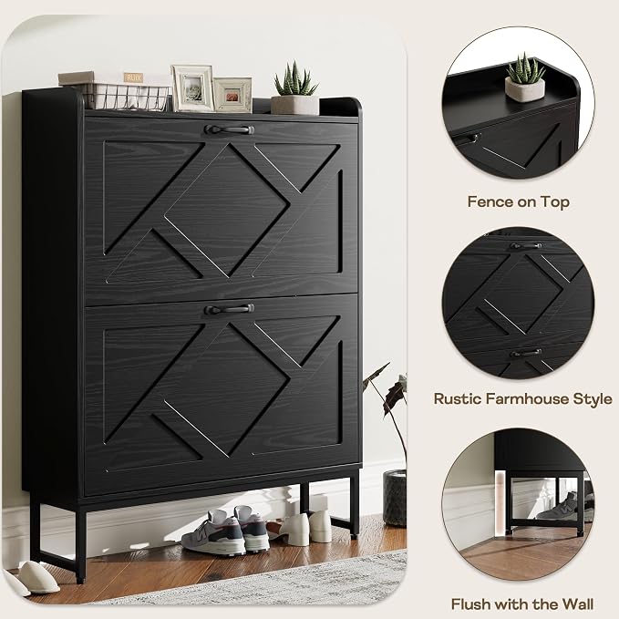 Nicetree Shoe Cabinet Storage for Entryway, Slim Shoe Storage Cabient with 2 Flip Drawers, Narrow Vertical Shoe Rack Cabinet with Metal Hooks, Small Space Solution for Hallway, Black