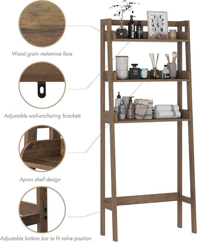 UTEX Over Toilet Bathroom Organizer, 3-Tier Storage Shelf Rack, Wood Grain | Ladder Design, 3 Open Shelves for Towels & Toiletries, FSC-certified Engineered Wood, Adjustable Crossbar, Anti-tip Bracket