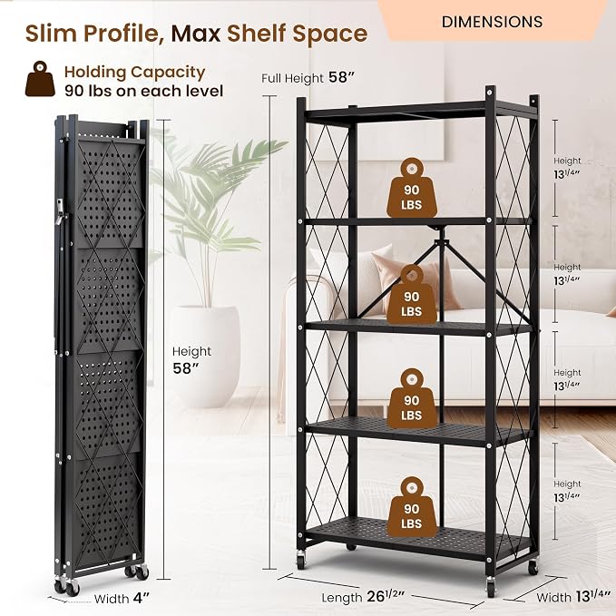 Our Modern Space 5-Tier Foldable Storage Shelf with Wheels | Metal Rack Collapsible Shelving Display | Rolling Cart for Books Kitchen Storage Shelves | Pantry & Closet Organizer | Office Room Decor