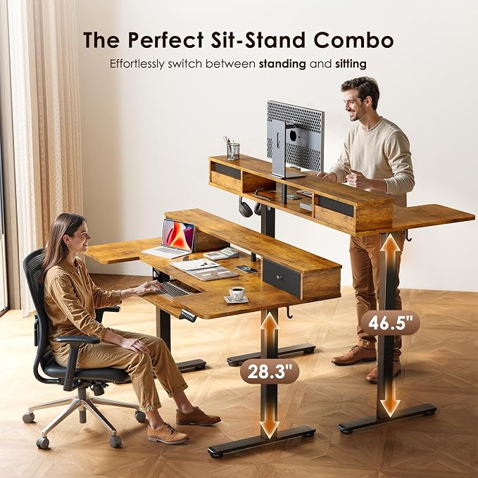 OffiGo 55 Inch U Shape Standing Desk, Keyboard Tray & Drawers, Rustic Brown | 3 Outlets & 2 USB Ports, Dual-Monitor Stand, 10 Colors & 10 LED Modes, 3 Presets, 28.3"-46.5"in Range, 154 lb Capacity