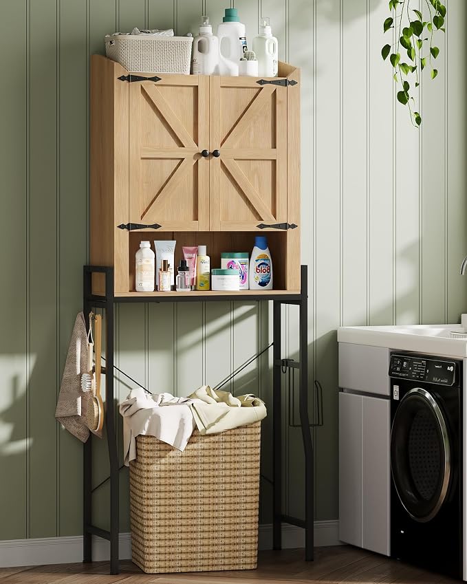 Memobarco Over The Toilet Storage Cabinet with 2-Door & Metal Stand, Wood | Toilet Paper Holder, 3 Extra Hooks, Anti-Tipping Device, With Adjustable Shelves, for Bathroom, Restroom, Laundry