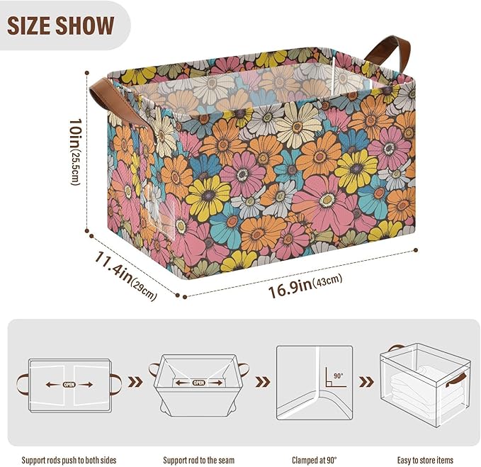 Retro Daisy Flower Storage Bins for Shelves with Labels&Handles Fabric Organizer Bin Vintage Floral Foldable Rectangle Storage Basket Orange Hippie Boxes for Closet, Home, Living Room, Laundry-2 PC
