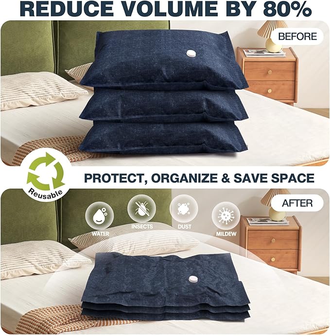 6 Pack Cloth Vacuum Storage Bags, Vacuum Seal Bags for Clothing with Hand Pump, 2 Large+4 Medium, 80% Space Saver Bags for Luggage, Comforters,Blankets, Home Travel Essentials(Demin)