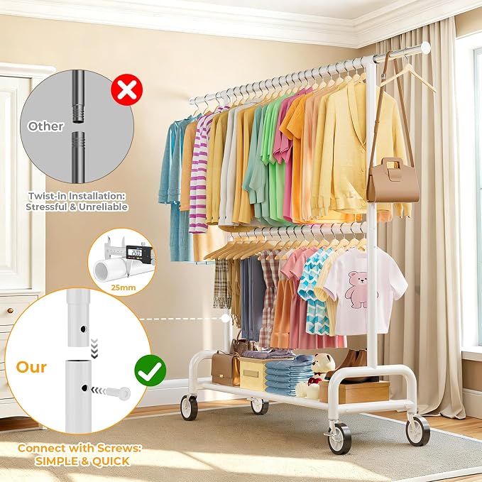 Heavy Duty Clothes Rack Load 860LBS, Double Rods Rolling Clothing Racks for Hanging Clothes, Rolling Garment Rack With Sturdy Wheels Shelves, Portable & Adjustable Commercial Garment Rack, White
