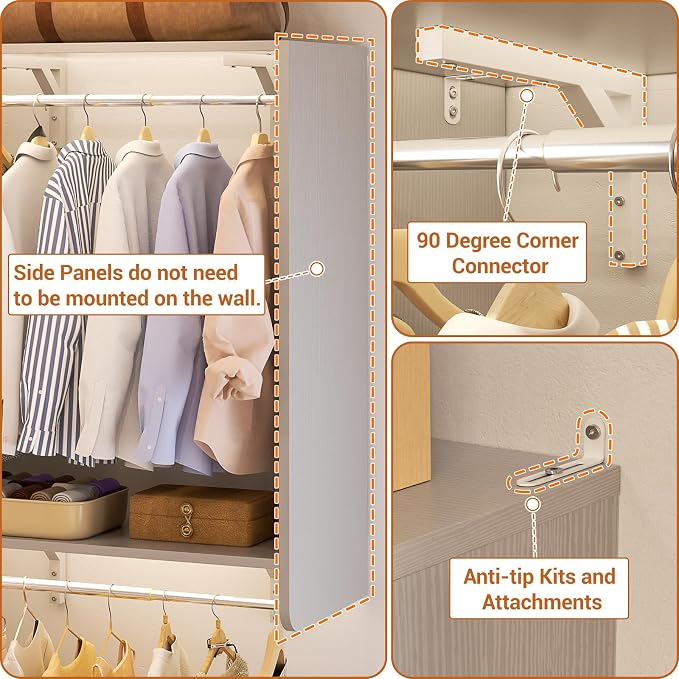 Closet System with 2 Drawers, 5 Hanging Robs, 4 Adjustable Shelves, 90.5"*31.5" Closet Organizer System with Corner Tower, L-shape Walk-in Closet System, Corner Closet System Set of 2, Morandi Grey