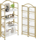 Gold Folding Bookshelf 4 Tiers, No Assembly,Vintage Storage Rack,White&Gold | Vintage Bookcase Multifunctional Plant Flower Stand, Storage Shelves Organizer for Home Office,Living Room,Dorm