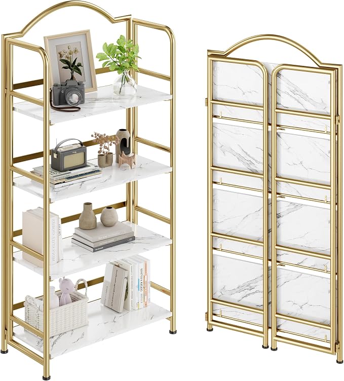 Gold Folding Bookshelf 4 Tiers, No Assembly,Vintage Storage Rack,White&Gold | Vintage Bookcase Multifunctional Plant Flower Stand, Storage Shelves Organizer for Home Office,Living Room,Dorm