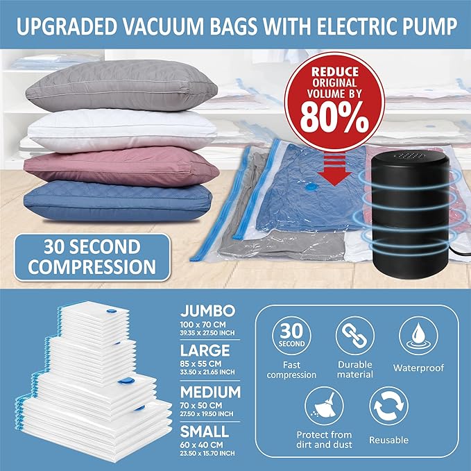 24 Vacuum Storage Bags with Electric Pump, 80% Space Saver Bags Vacuum Sealer for Clothes, Clothing, Comforters, Pillows, Towel, Blanket Storage, Bedding