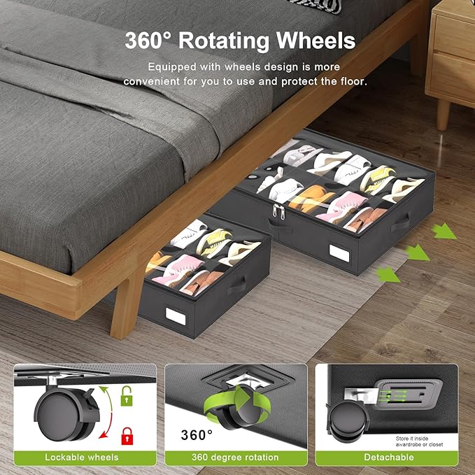 homyfort Under Bed Shoe Storage with Wheels, Fits 24 Pairs, Rolling Shoe Organizer with Bottom Support & Clear Lids, Sturdy Under Bed Storage Box for Shoes, Set of 2, Black