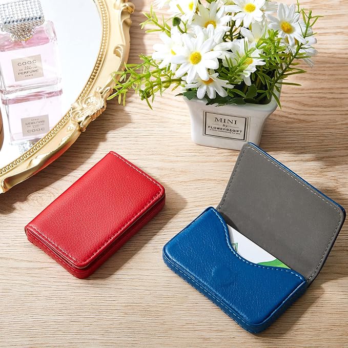 Outus 2 Pcs Business Card Holder, PU Leather Business Card Case Pocket Wallet with Magnetic Shut for Christmas Gift Adult(Blue and Red)