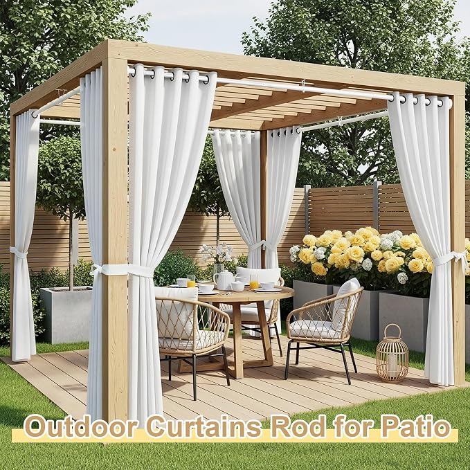 White Tension Curtain Rod 41-126In(4-10Ft), Long Outdoor Curtain Rod No Drilling for Window or Bathroom Patio, Adjustable Heavy Duty Shower Rod,Rod Diameter 1.26In-One-bond stretching