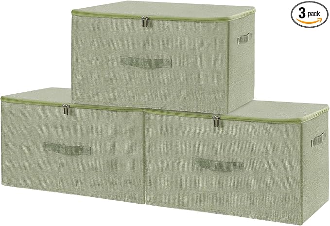 ANMINY 3PCS Storage Bins with Zipper Lids 51.9 Qt Lidded Fabric Storage Boxes Baskets Cubes with Handles Collapsible Washable Cotton Linen Closet Shelf Clothes Organizer - Green, Extra Large