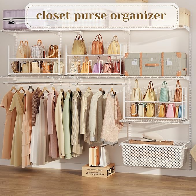 koozuuyk 2 Pack Purse Organizer for Closet, 2 Tier Handbag Wire Organizer Rack with 6 Adjustable Shelf Dividers Each,Handbag Storage Holder for Purses, Totes,Clutches&Chain Bags