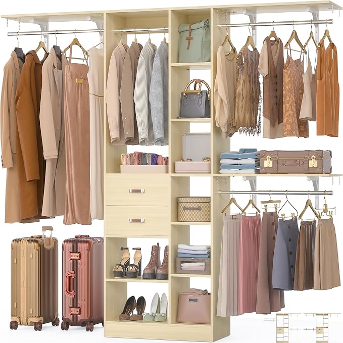 Armocity 8FT Heavy Duty Wood Closet System, 1500 LBS+ Capacity Wall Mounted Walk-in Closet Organizer with 2 Drawers & 4 Hanging Rods, 96'' Custom Bedroom Storage Wardrobe, Natural