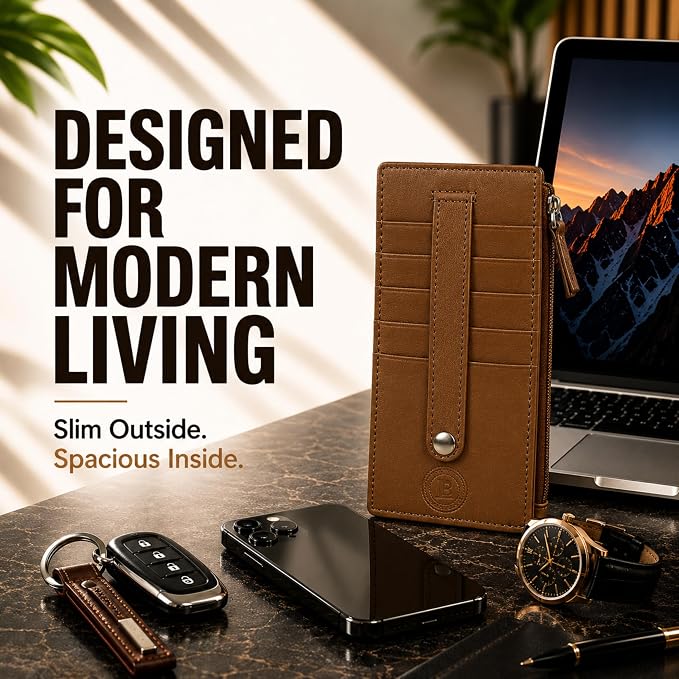 All in One Card Case Holder Slim Wallet With a Card Protection Strap by Leatherboss (Tan)