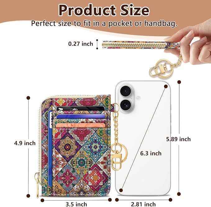 GIANCOMICS Slim Wallet Credit Card Holder Women, Boho Bohemian Mandala Rfid Blocking Small Card Case, Keychain Thin Pocket Curved Zipper Wallet, Travel Card Holder PU Leather, Ladies Female Gifts