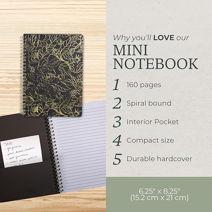 Steel Mill & Co Cute Black Mini Spiral Notebook, 8.25" x 6.25" Journal with Durable Hardcover and 160 Lined Pages, Linear Gold Floral