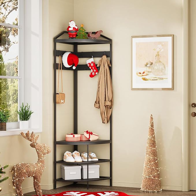 GiftGo Corner Hall Tree with Shoe Bench Entryway Coat Rack with 10 Metal Movable Hooks Freestanding Clothes Rack Shoes Shelf Organizer for Home Office Bedroom (Black)