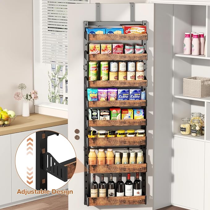 8-Tier Over The Door Pantry Organizer, Heavy-Duty Metal Wall Mount or Hanging Spice Rack, behind the door storage Shelves with Adjustable Basket, Back of Door Organizer for Kitchen Cabinet and Closet