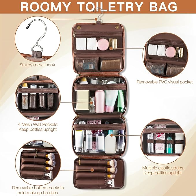 Elviros Hanging Toiletry Bag Removable Travel Bag PU leather Makeup Cosmetic Organizer Kit, Dark Brown | Removable Travel Organizer Bag for Cosmetics, Toiletries, Makeup Tools, and Daily Essentials with Easy Carry Design