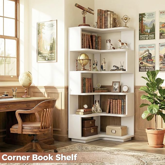 Besiost Corner Book Shelf, 6-Shelf Corner Bookshelf for Small Corner Spaces, L-Shape Bookcase Corner Display Shelf for Home Office, Living Room, Bedroom, White