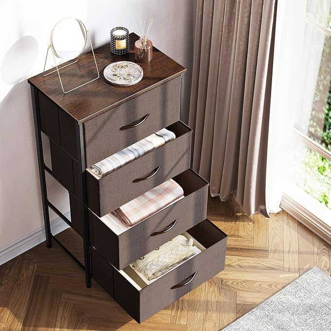 ODK Small Dresser for Bedroom with 4 Storage Drawers, Brown | Dresser Chest of Fabric Drawers with Sturdy Steel Frame for Small Space, Wood Top