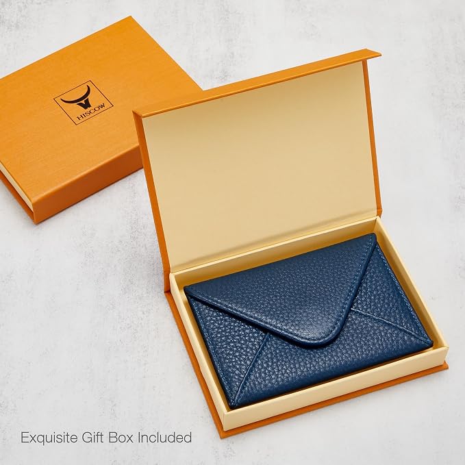 HISCOW Italian Pebbled Leather Business Card Holder, Minimalist Full Grain Envelope Card Case with Hidden Magnetic Closure, 0.19 Inch Slim Front Pocket Wallet for Men and Women, Blu Navy