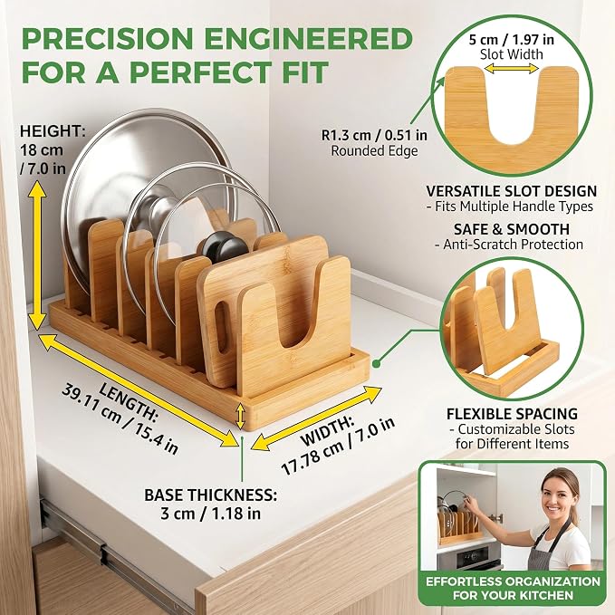 Premium Bamboo Pot Lid and Pan Organizer Rack for Kitchen Cabinets & Drawers – Adjustable Expandable Cookware Divider for Heavy Cast Iron, Baking Sheets & Plates – Scratch-Free Moisture-Resistant Wood