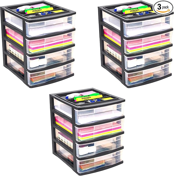 Gracious Living 4 Drawer Desktop & Countertop Organizer w/Organization Lid for Craft Storage, Office Supplies & School Supplies, Black/Clear (3 Pack)