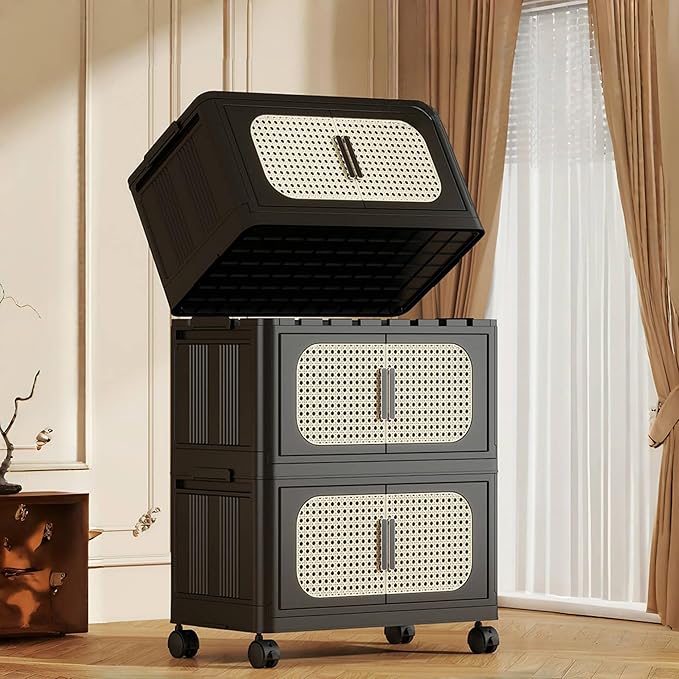 5 Tiers Folding Storage Cabinet,20" Side Wide Stackable Storage Bins with Doors and Wheels, Space Saving Plastic Cabinet for Living Room, Office, Dorm, Retro Black