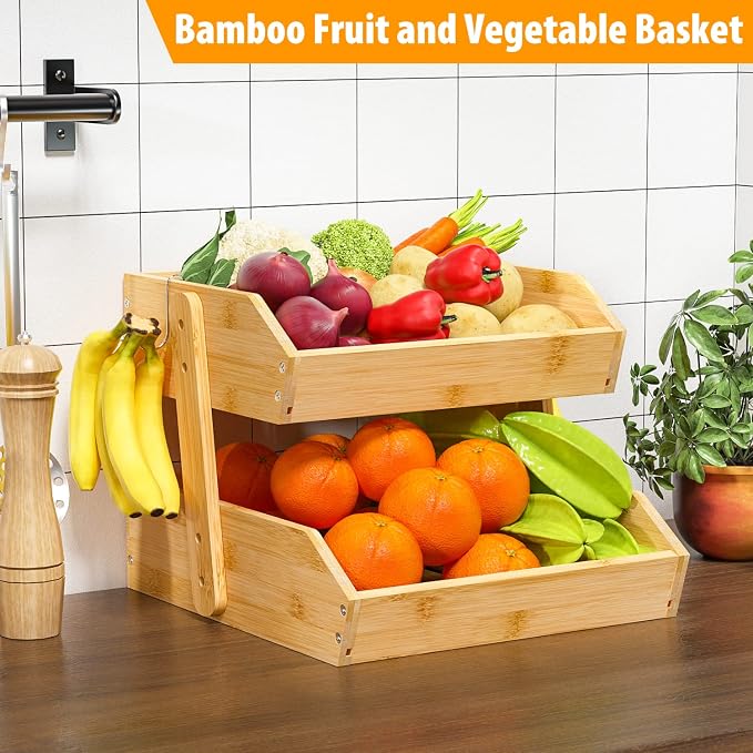 Gmtsl Bamboo Fruit Basket for Kitchen, Fruit Holder for Kitchen Countertop | 2 Tier Fruit bowl for Kitchen Counter, Fruit Stand, Vegetable Basket Storage, Produce Organizer, Bread Snack Display(BAMBOO)