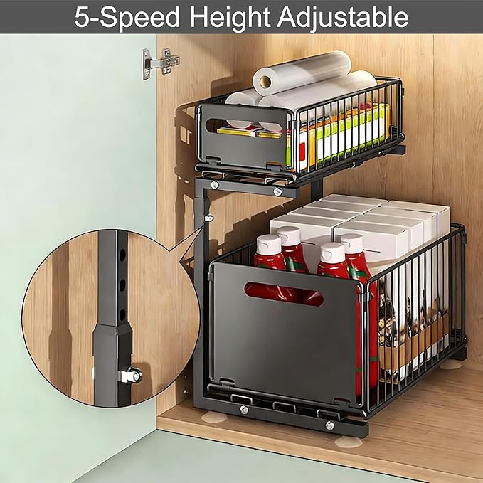 Under Sink Organizer, 2-Tier Multi-Use Kitchen and Bathroom Organizers and Storage, Slide Out Thickened Metal Under The Sink Organizer for Kitchen Bathroom Pantry (Style B White, 2 Pack)