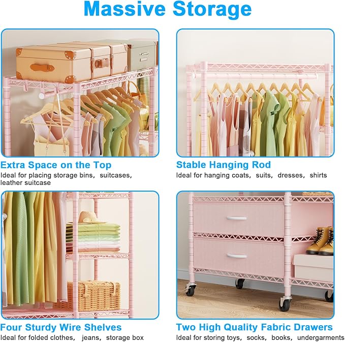 Ulif F3R Heavy Duty Clothes Rack（With Lockable Wheels）Freestanding Clothing Racks for Hanging Clothes，Adjustable Closet Organizer System，Portable Garment Rack 40"W x 15"D x 74"H，Max Load 700LBS，Pink