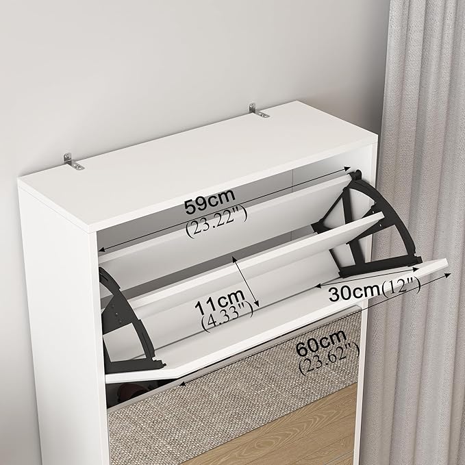 Mirrored Shoe Storage Cabinet with 5 Flip Drawers, 30 Pairs | Real Glass Mirror | Fits Men's Size 15 | Narrow Floor Standing | Entryway Organizer | Space-Saving | White