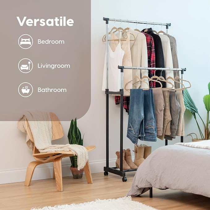 IRIS USA Double Rod Rolling Clothes Rack, Height Adjustable, Black | Adjustable hanging space for garments, accessories, and storage needs with smooth mobility