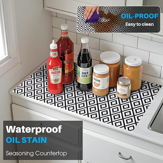 Coavas Shelf and Drawer Liner, Non Slip Extra Grip Non Adhesive Waterproof Thickened Cabinet Mat, Easy Cut for Kitchen Pantry Bathroom Dresser Cupboard (Black Rhombic, 12IN x 20FT)