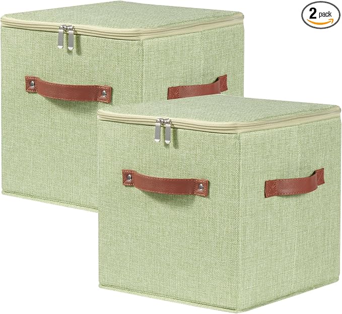 2PCS Storage Cubes with Lid Fabric Storage Bins Boxes PU Leather Handles Cotton Linen Closet Organizer Container Decorative Foldable Washable Shelf Cloth Basket (Zipper Lid, Green, 11in)