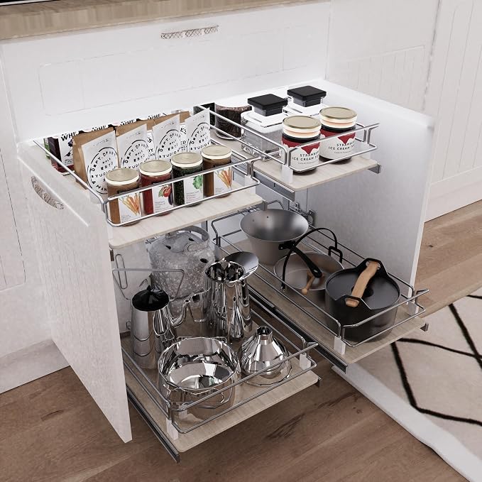 2 Tier Pull Out Cabinet Organizer 20.08" W X 22" D, Wood & Chrome | Full Slide Out Drawers For Kitchen Cabinets, Cabinets Capacity Heavy Duty Caddy, Cabinet Pullout Shelves , Pantry Storage