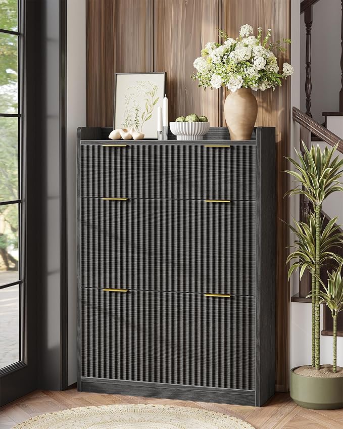 TIQLAB Modern Fluted Shoe Cabinet with Drawer and Flip Storage, Narrow Wooden Shoe Organizer for Entryway, Living Room, Bedroom, 31 inch, Black