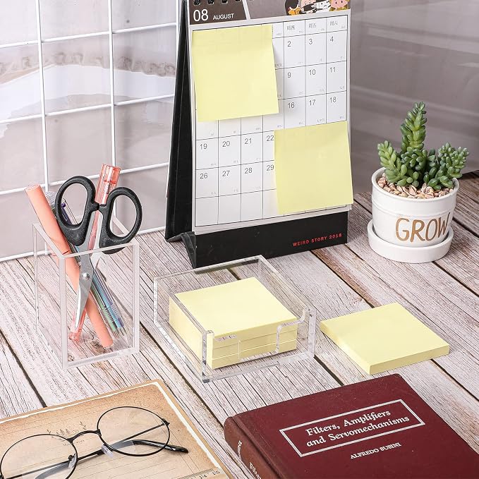 Acrylic Sticky Note Holder 3.94 x 3.94 Clear Acrylic Notepad Holder Sticky Note Dispenser for Desk Organizer Office Home(2 Pack)