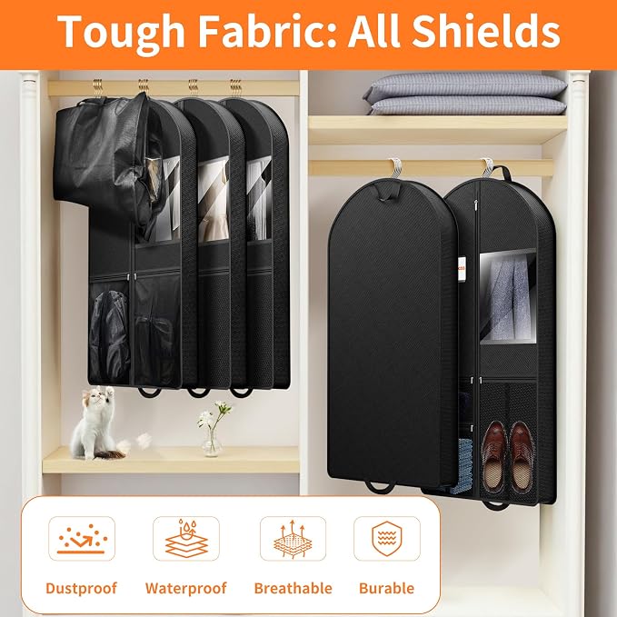 Suit Garment Clothes Travel Bag: 54 inch Lightweight Foldable Black Short Fabric Breathable - Hanging Storage Cover Pockets Zipper for Men - Wardrobe Carry Coat Jacket Uniform Tuxedo Shirt