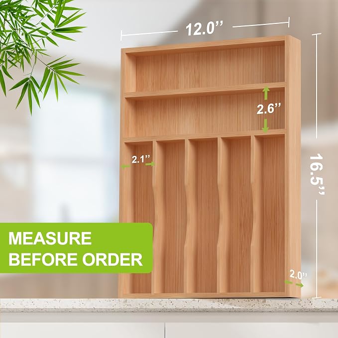 Unibambou Bamboo Utensil Drawer Organizer, Silverware Tray Organizer, Kitchen Drawer Organizer for Flatware Cutlery, Silverware Tray for Drawer (Natural, Large 12x16.5 Inch)