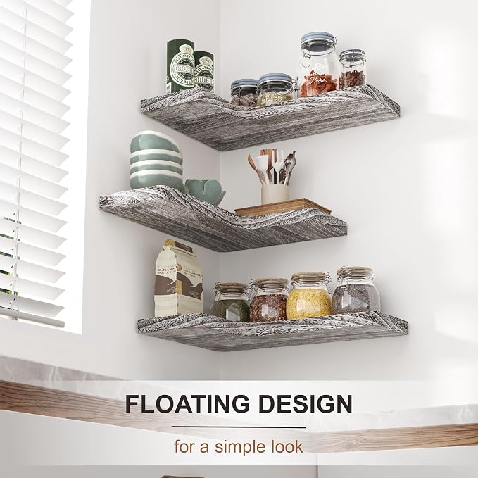 fuqing Floating Corner Shelves, Wall Shelf Set of 3, Shelves for Wall Storage, Solid Wood Shelves for Storage, Wall Mount Wooden Display Shelf for Bathroom Bedroom Kitchen Garage, Weathered