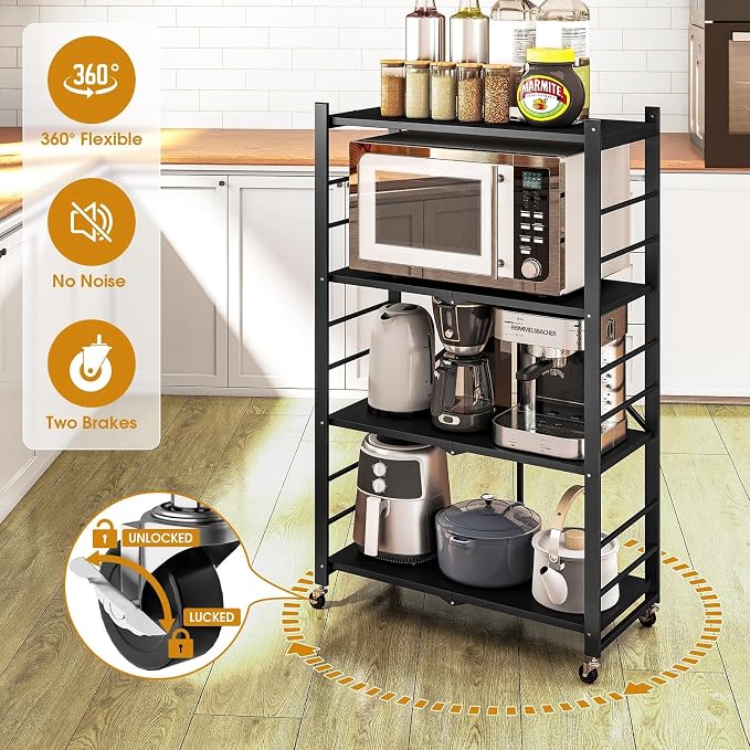 Fenbeli Foldable Shelves with Wheels - 4 Tier Folding Shelf, Collapsible No Assembly Metal Shelving Unit, Origami Storage Shelves & Rolling Storage Rack with 8 Hooks for Kitchen Pantry Garage