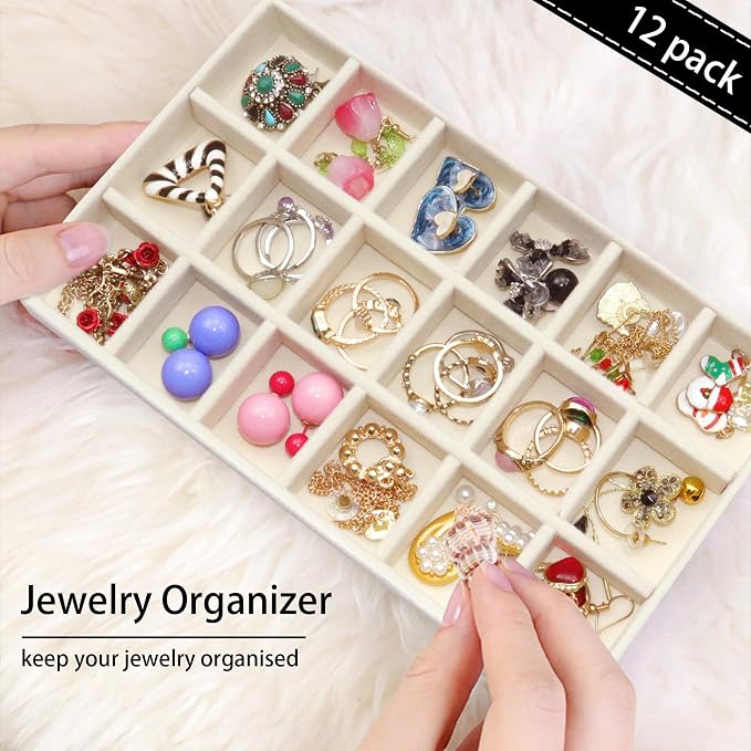 12 Pack Different Jewelry Organizer Trays for Drawer Stackable Adjustable Velvet Jewelry Box Tray Earring Holder Organizer