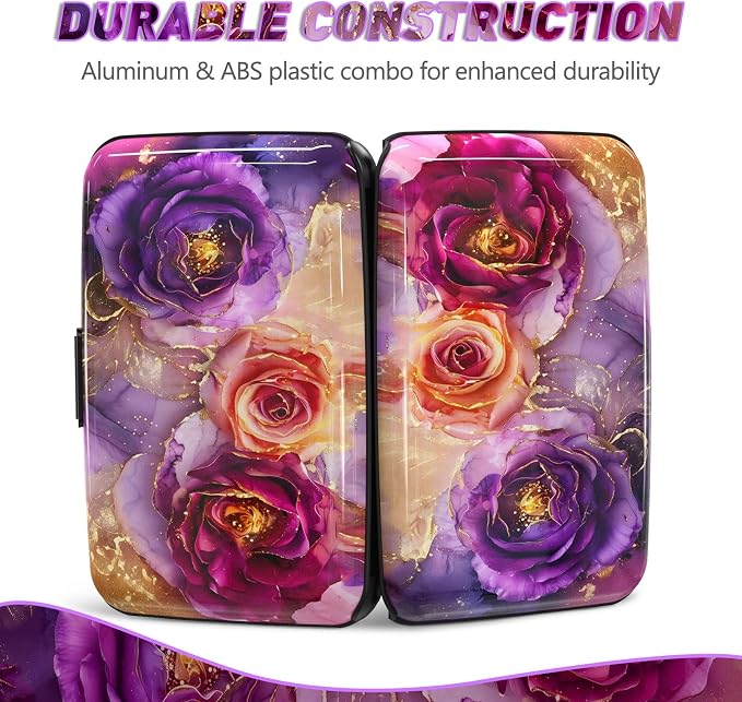 Credit Card Holder, Business Card Case Mini RFID Small Aluminum Card Wallet | Blocking Slim Metal RFID Blocking Front Pocket Wallet Hard Case Durable CC Holder for Women Girl, Purple Marble Flower