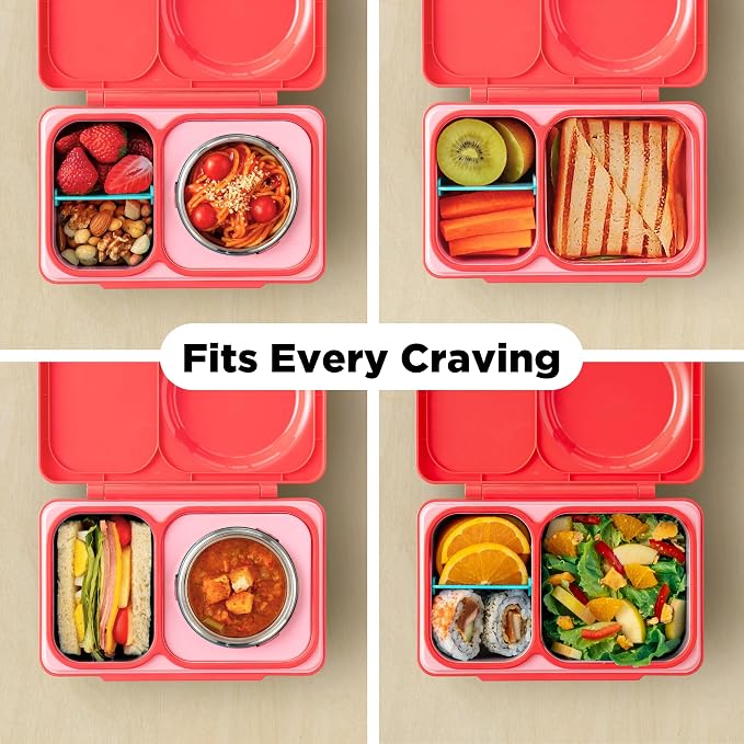 Omie OmieBox UP bento Box for Kids | Insulated Lunch Box | Leak Proof Vacuum Insulated Thermal Food jar | Cooler ice Pack | 2 Compartments (Cherry Pink)