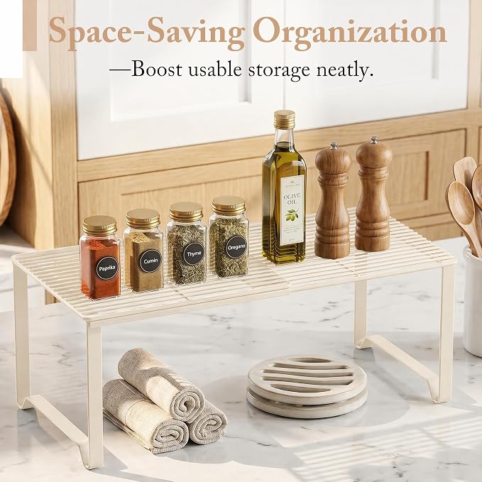 Extendable Metal Wire Shelf Organizer - Adjustable 15-24.4in Length, Stackable Storage Rack for Kitchen/Pantry/Bathroom/Shoe Cabinet/Tool Closet (2, Cream)